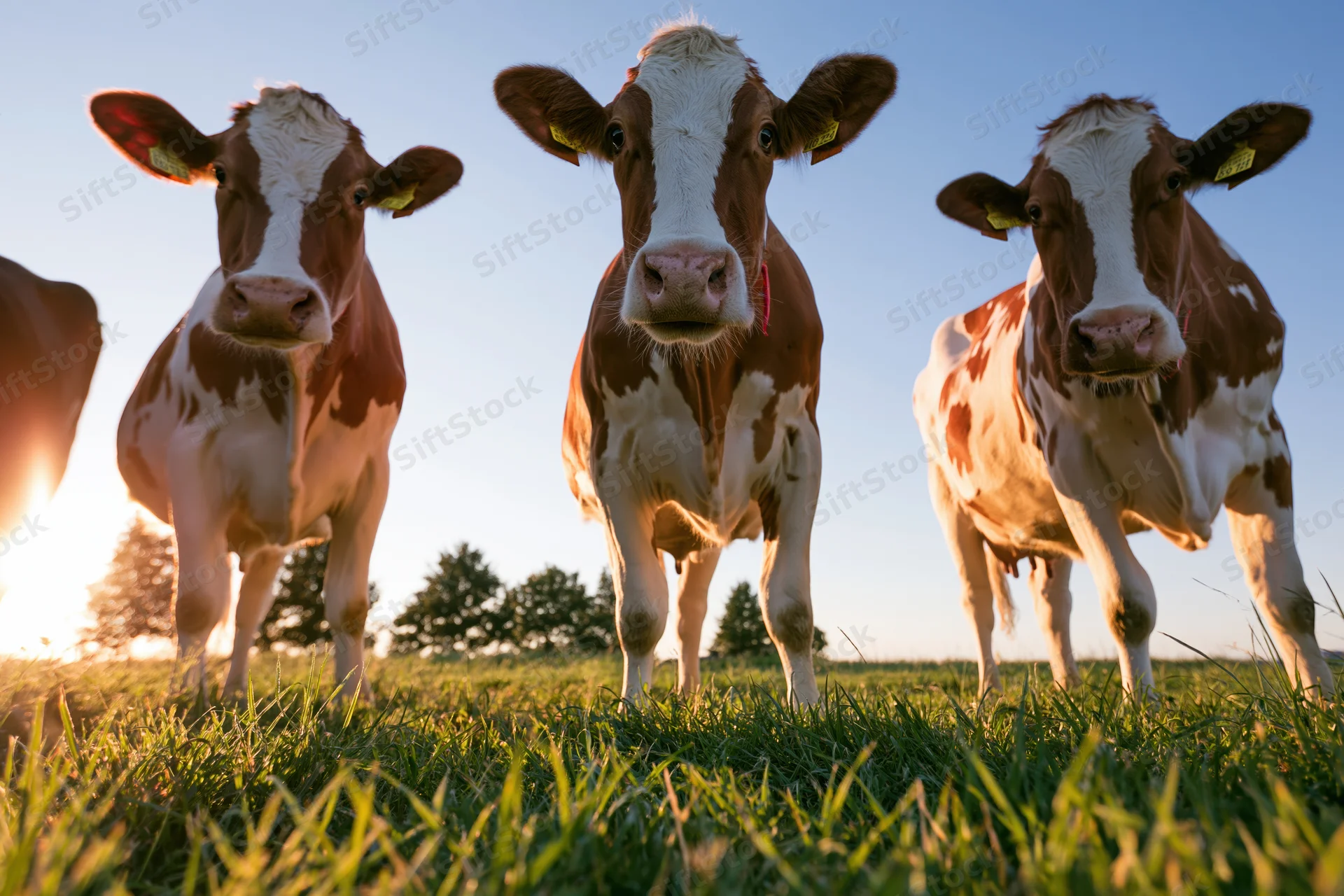Three red-and-white holstein friesian cows standing in a grassy pasture under a clear blue sky during golden hour