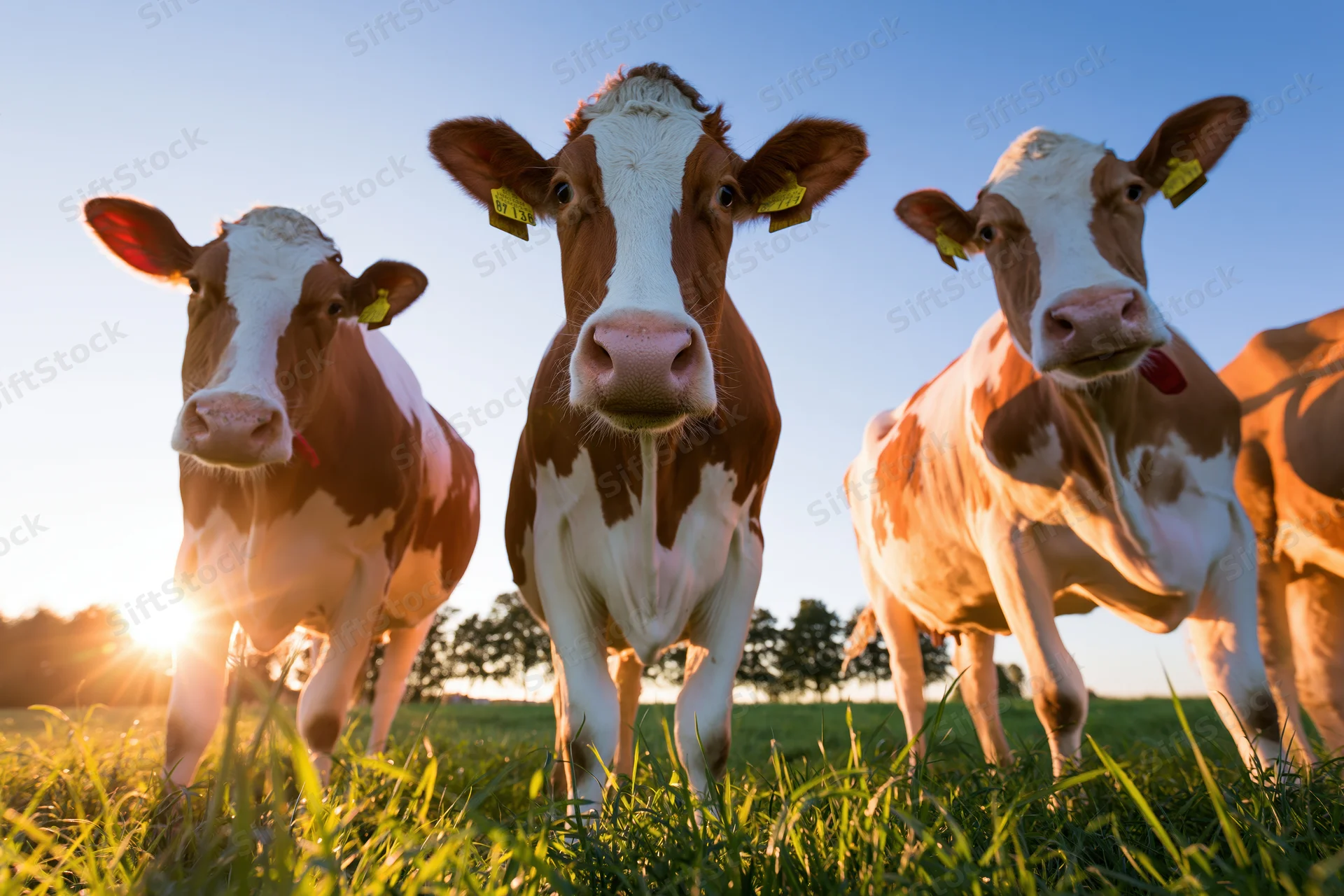 Three red-and-white holstein friesian cows standing in a grassy pasture at sunrise