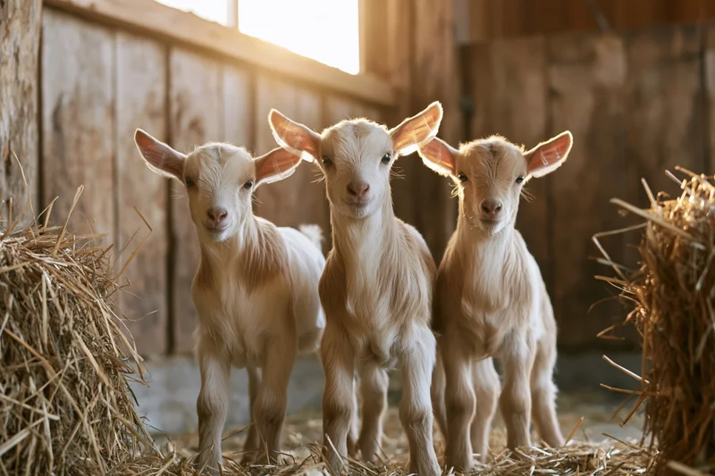 Three young baby goats standing together in a wooden barn facing the camera with hay bales nearby