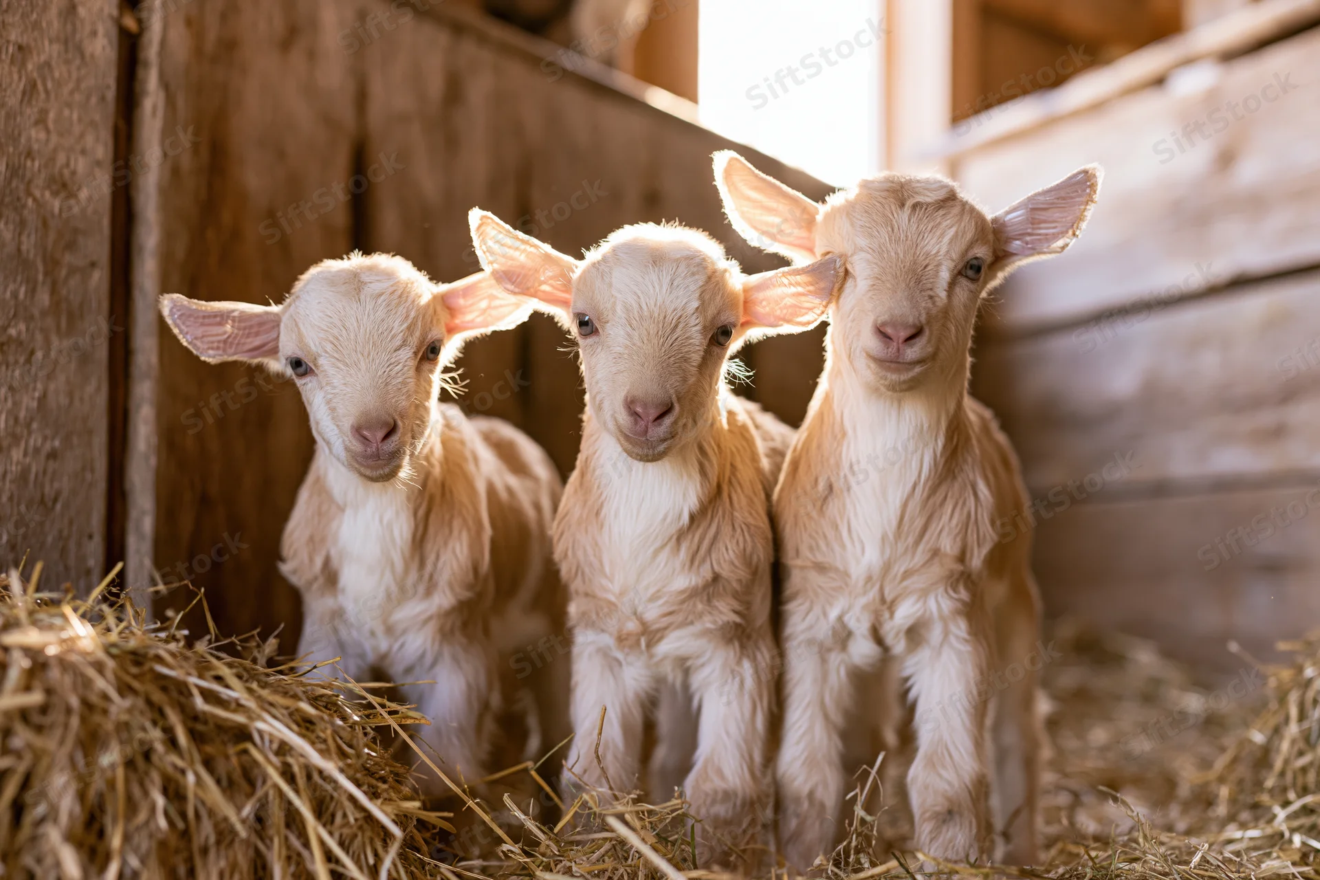 Three young baby goats standing together in a wooden barn on hay