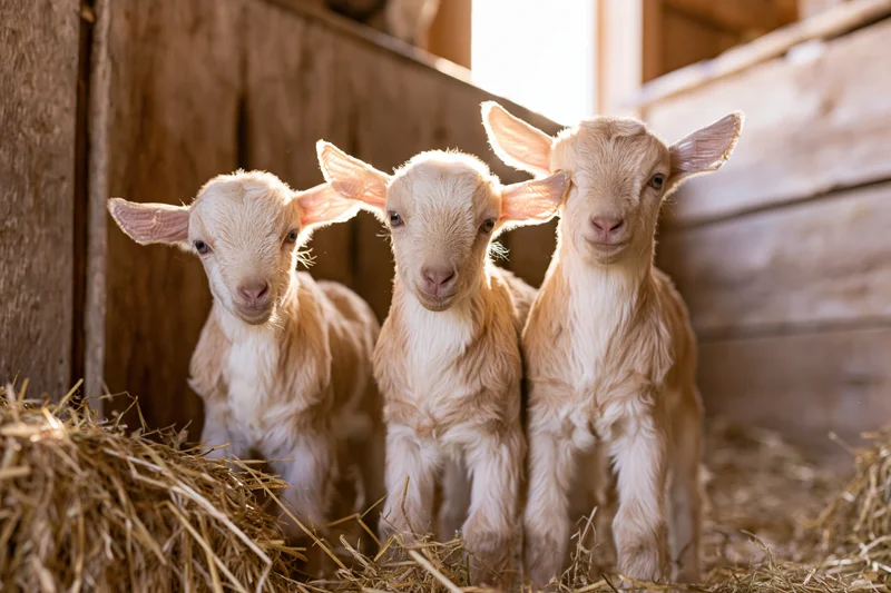Three young baby goats standing together in a wooden barn on hay