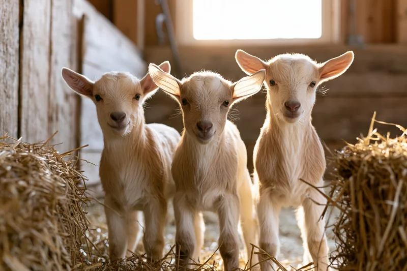 Three young baby goats standing together in a wooden barn with hay bales around them