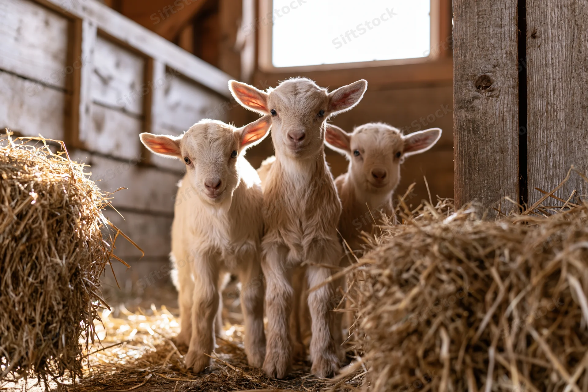 Three young baby goats standing together in a wooden barn with hay bales around them