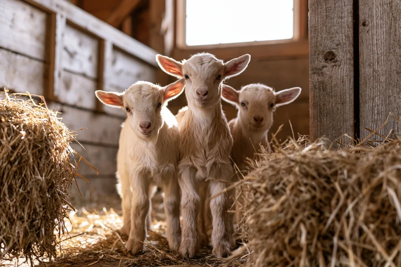 Three young baby goats standing together in a wooden barn with hay bales around them