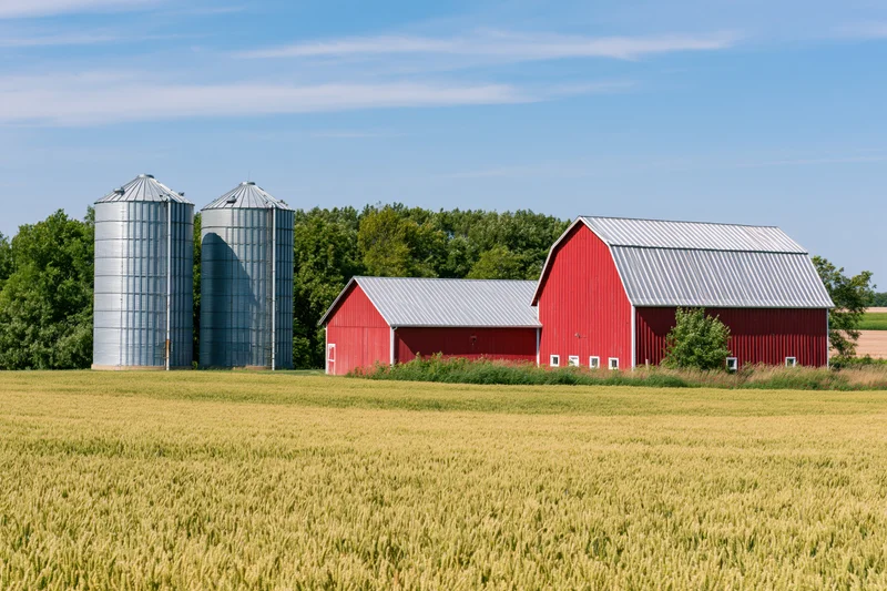 Red barn complex with two silver grain silos in a golden wheat field under a blue sky