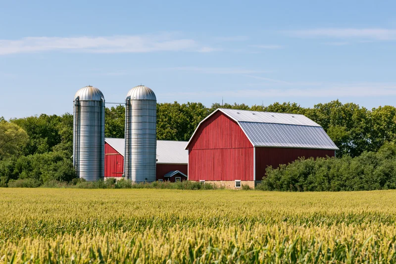 Red barn with two silver grain silos standing beside a cornfield under a clear blue sky