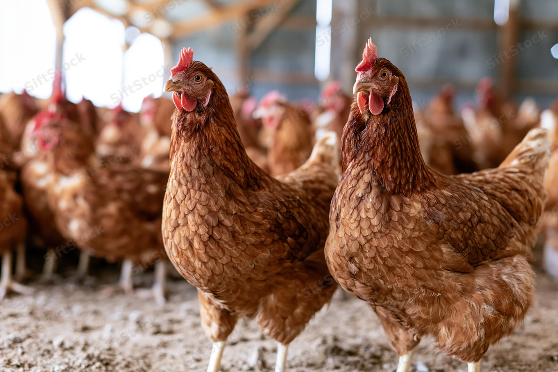 Two Rhode Island Red hens standing alert in a crowded barn with other chickens in the background