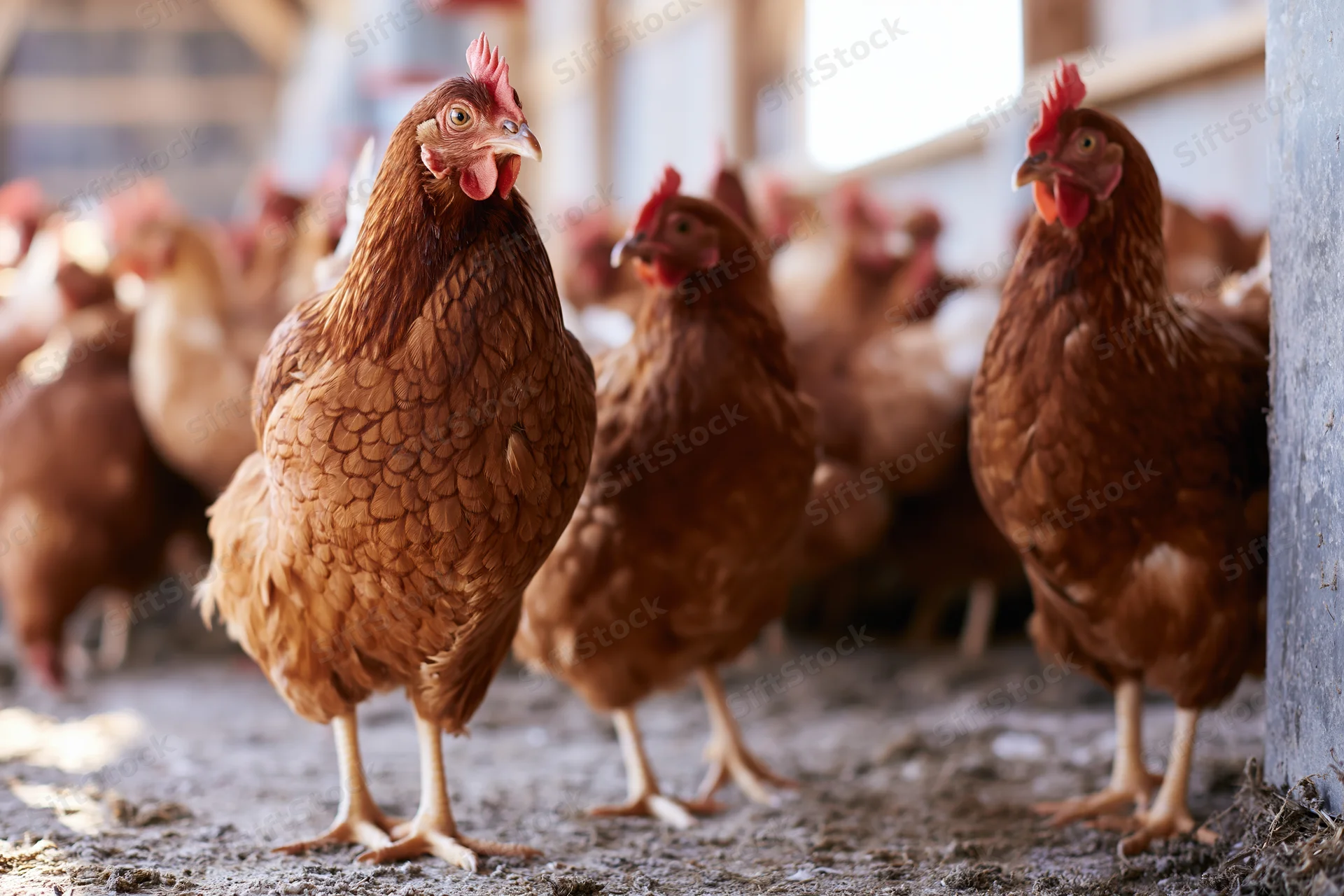 Two rhode island red hens standing alert in a crowded barn with other chickens around them