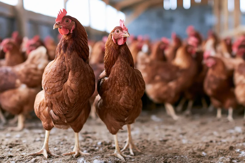 Two rhode island red hens standing alert in a crowded barn with other chickens around them