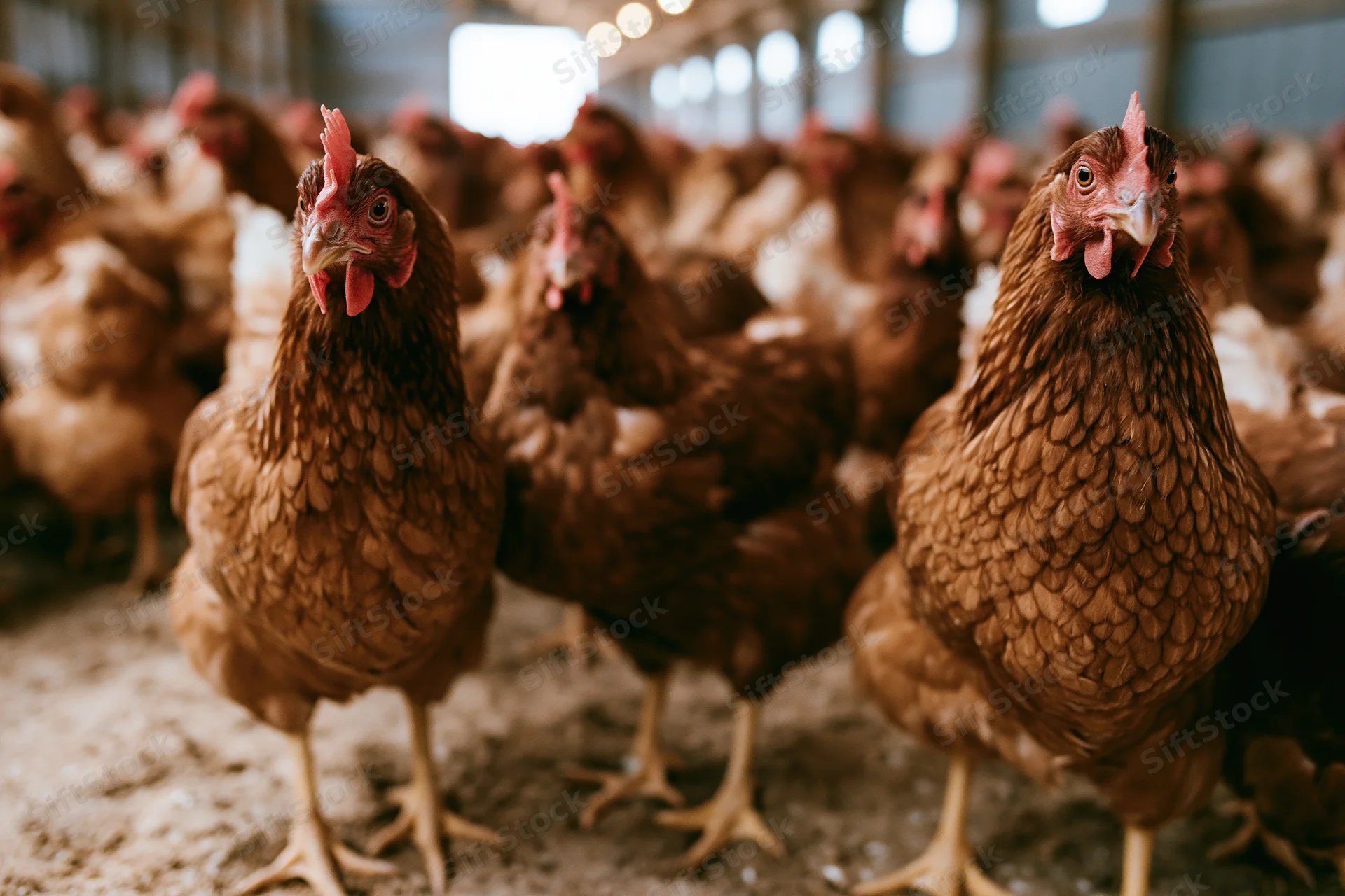 Two brown hens standing alert in a crowded barn with other chickens in the background