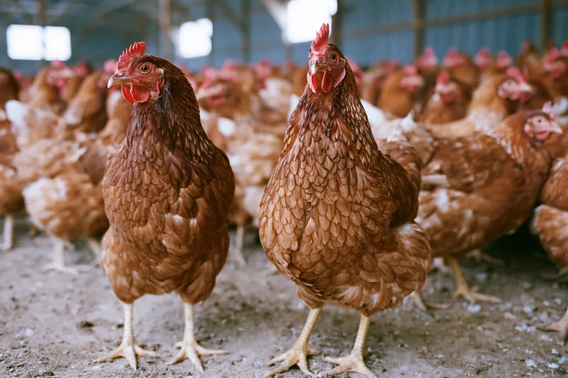 Two brown hens standing alert in a crowded barn with other chickens in the background