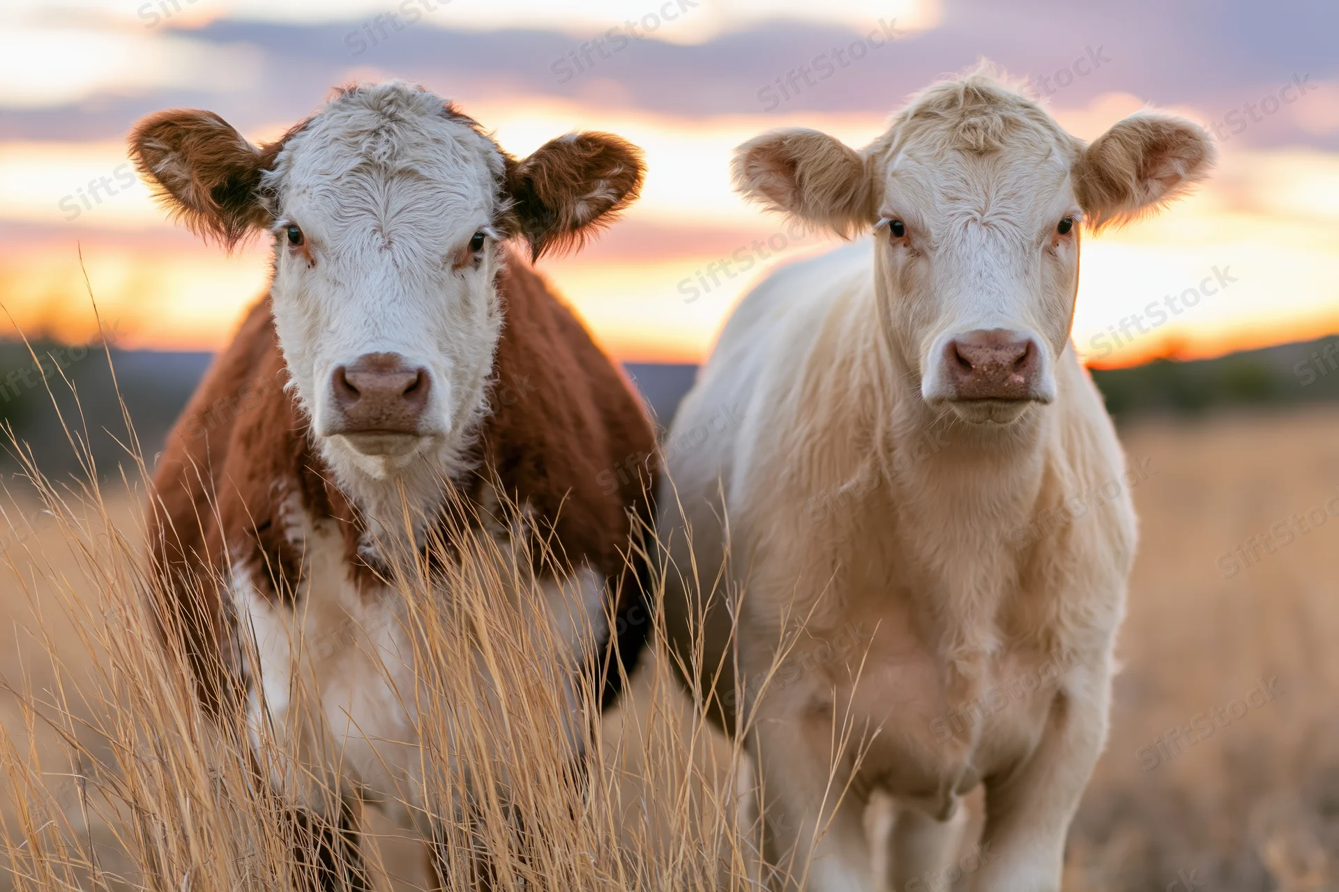 Two cows standing side by side in a dry grass pasture facing the camera at sunset