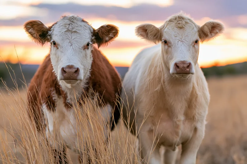 Two cows standing side by side in a dry grass pasture facing the camera at sunset
