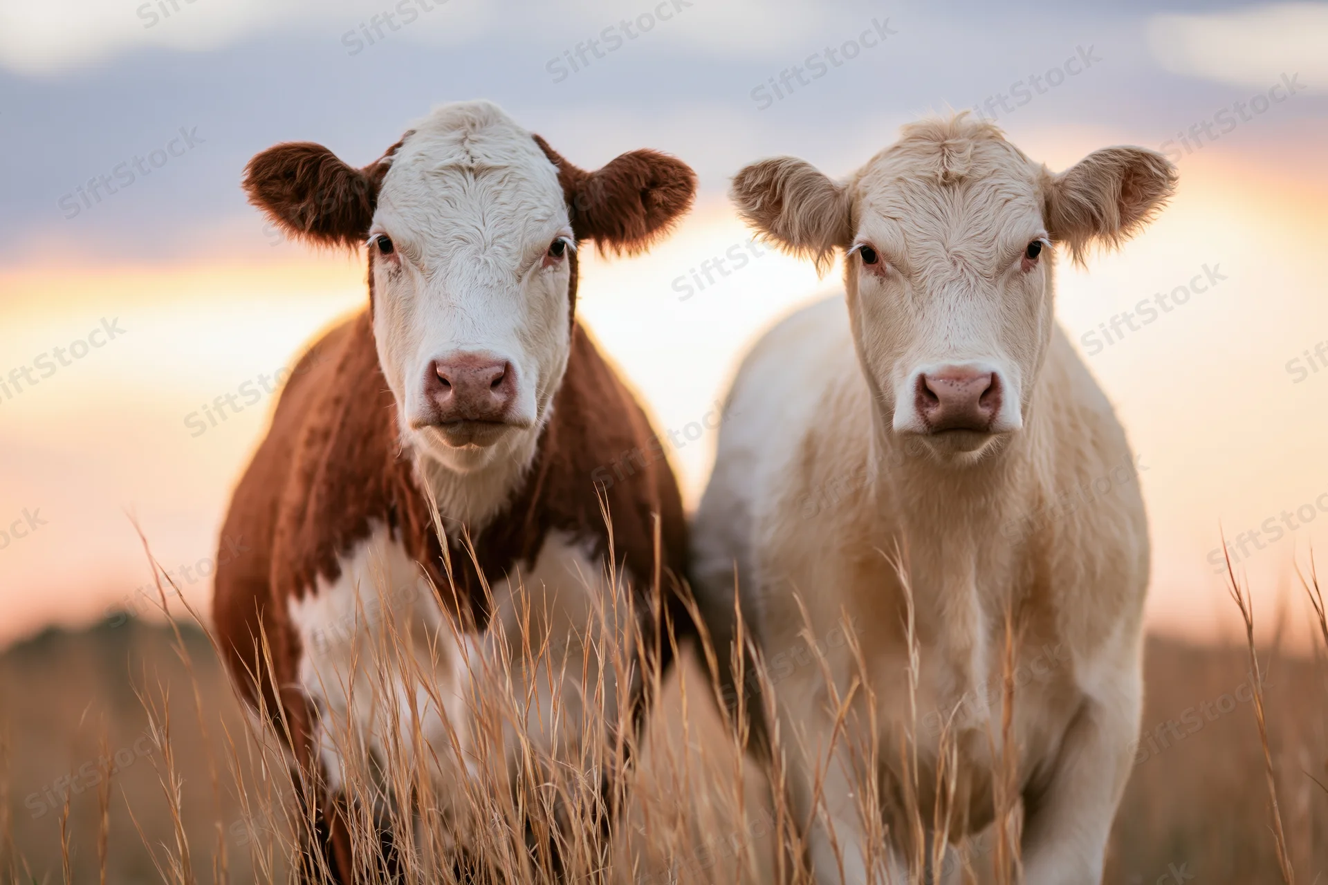 Two cows standing side by side in a dry grass pasture facing the camera at sunset