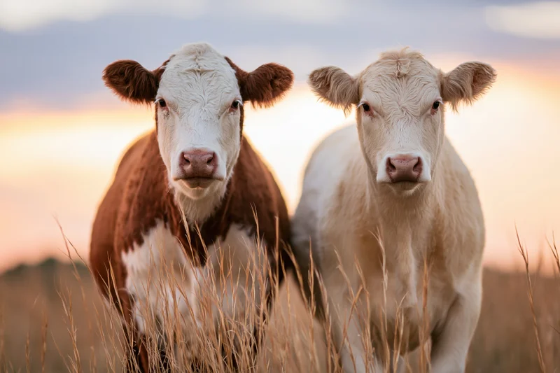 Two cows standing side by side in a dry grass pasture facing the camera at sunset
