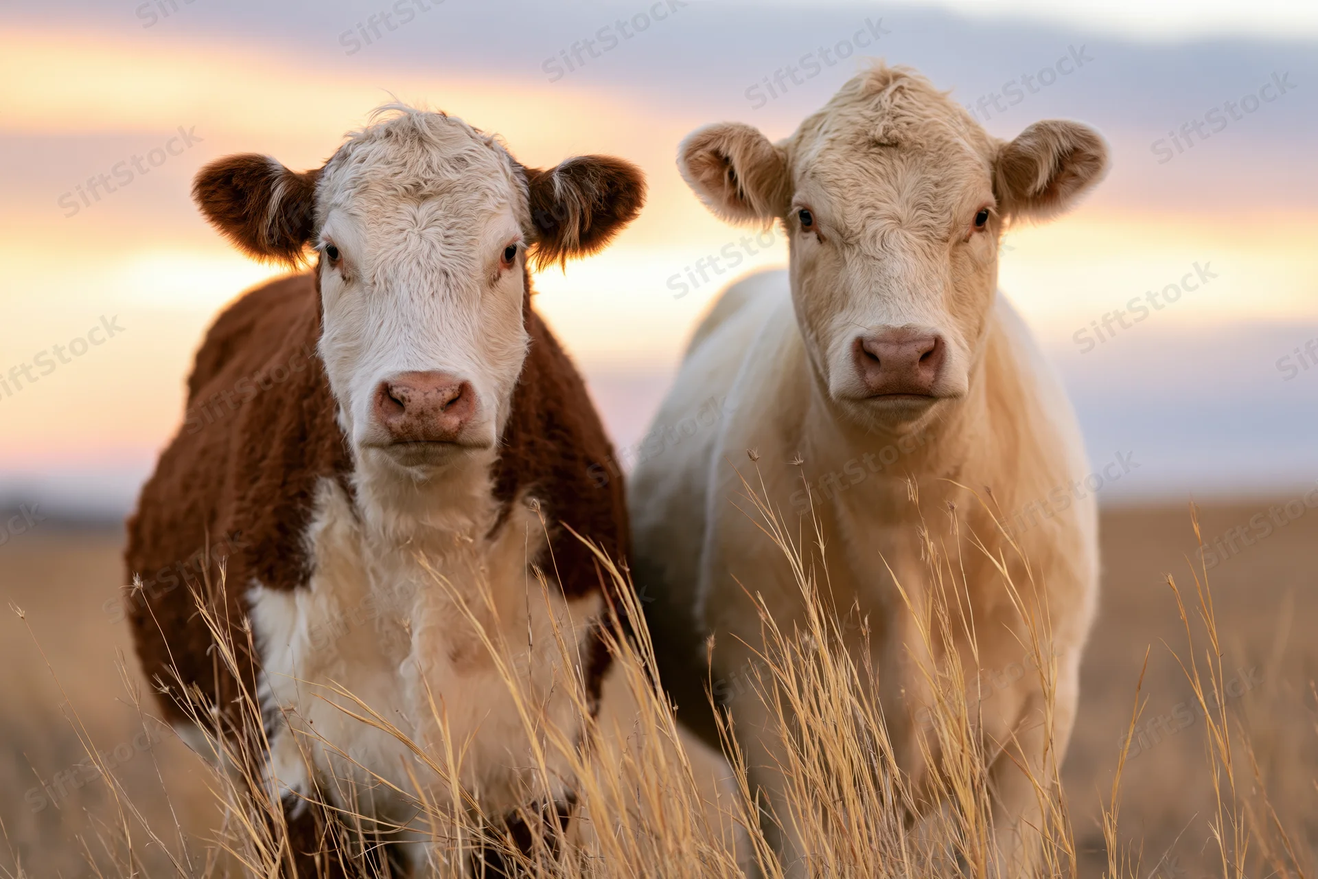 Two cows standing side by side in a dry grass pasture facing the camera at sunset