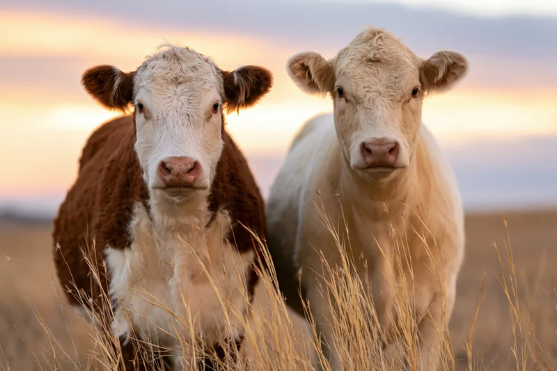 Two cows standing side by side in a dry grass pasture facing the camera at sunset