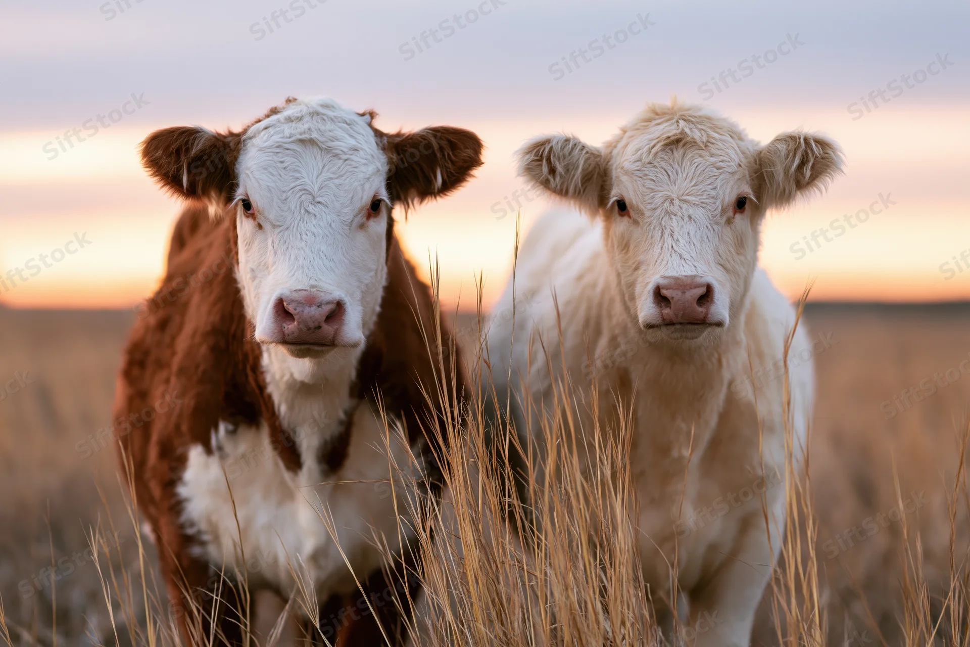 Two cows standing side by side in a dry grass pasture facing the camera at sunset