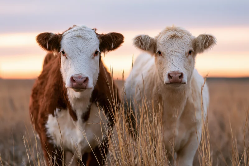 Two cows standing side by side in a dry grass pasture facing the camera at sunset