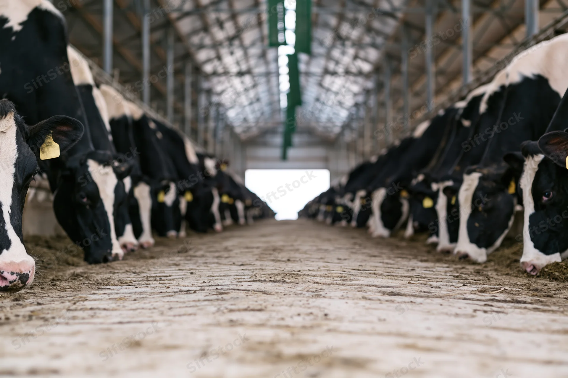 Holstein dairy cows feeding in rows along both sides of a barn aisle
