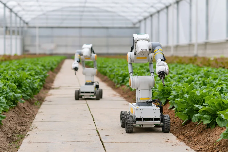 Two autonomous agricultural robots with robotic arms navigating rows of lettuce in a greenhouse