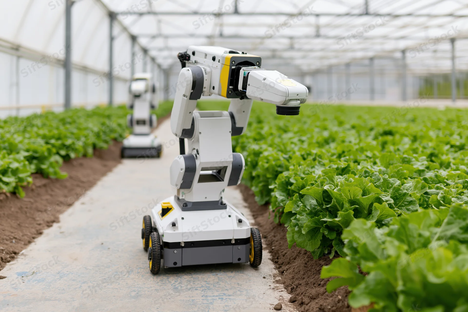 Autonomous agricultural robot with robotic arm navigating greenhouse rows of lettuce