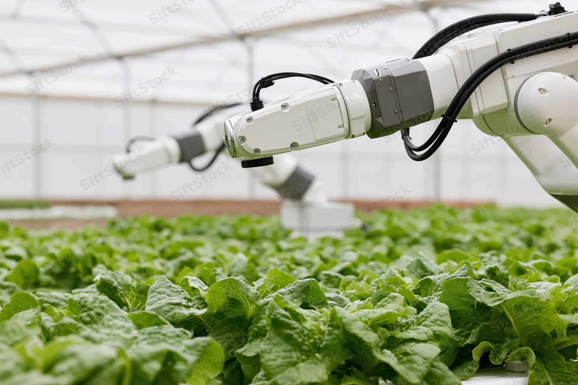 Robotic arms harvesting lettuce in a greenhouse hydroponic farm