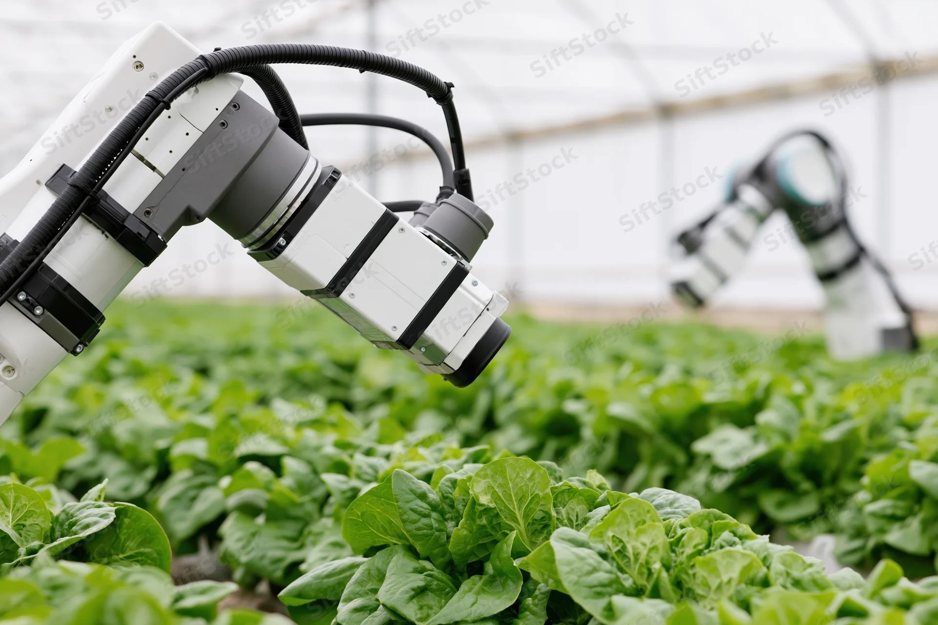 Robotic arms hovering over rows of lettuce in a greenhouse