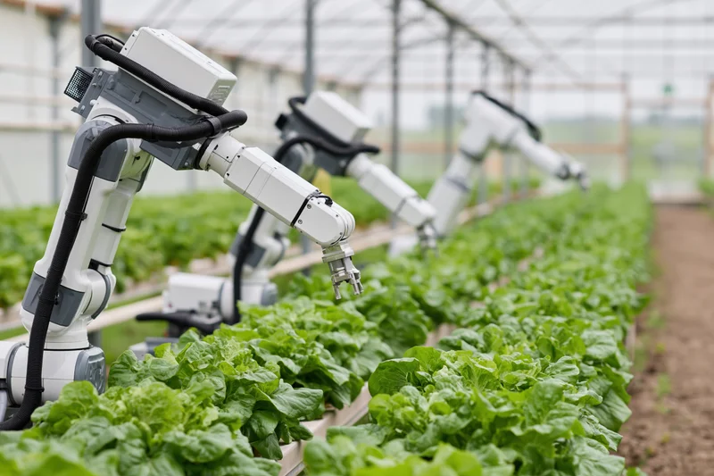 Robotic arms tending rows of lettuce in a greenhouse farm