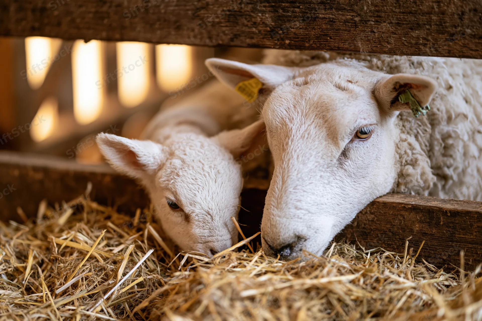 Adult ewe and young lamb resting together on hay in a barn