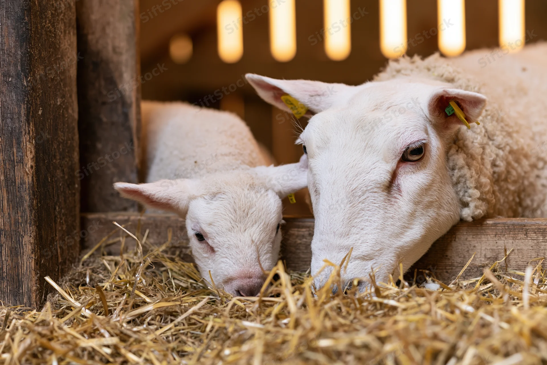Adult ewe and young lamb feeding on hay in a wooden barn pen