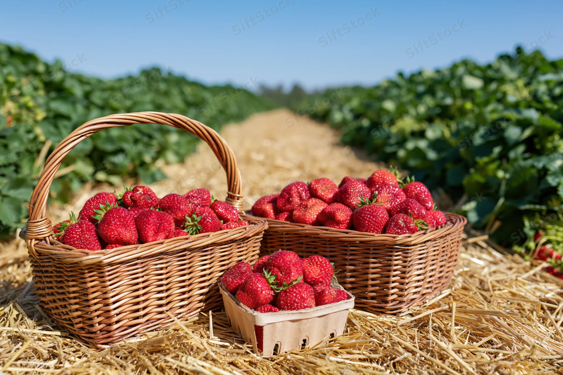 Wicker baskets and a cardboard punnet filled with fresh strawberries on straw in a strawberry field