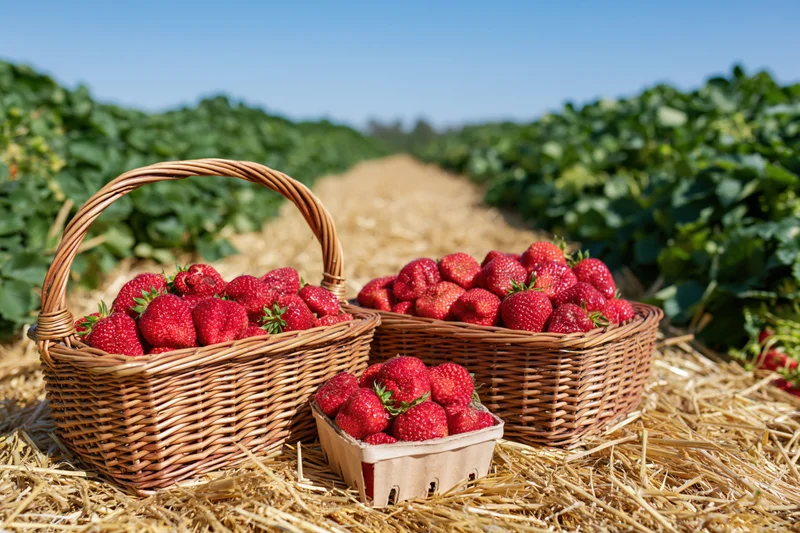 Wicker baskets and a cardboard punnet filled with fresh strawberries on straw in a strawberry field