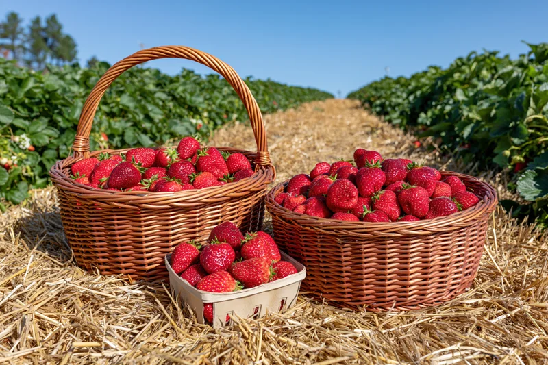 Two wicker baskets and a cardboard punnet filled with fresh strawberries on straw in a strawberry field