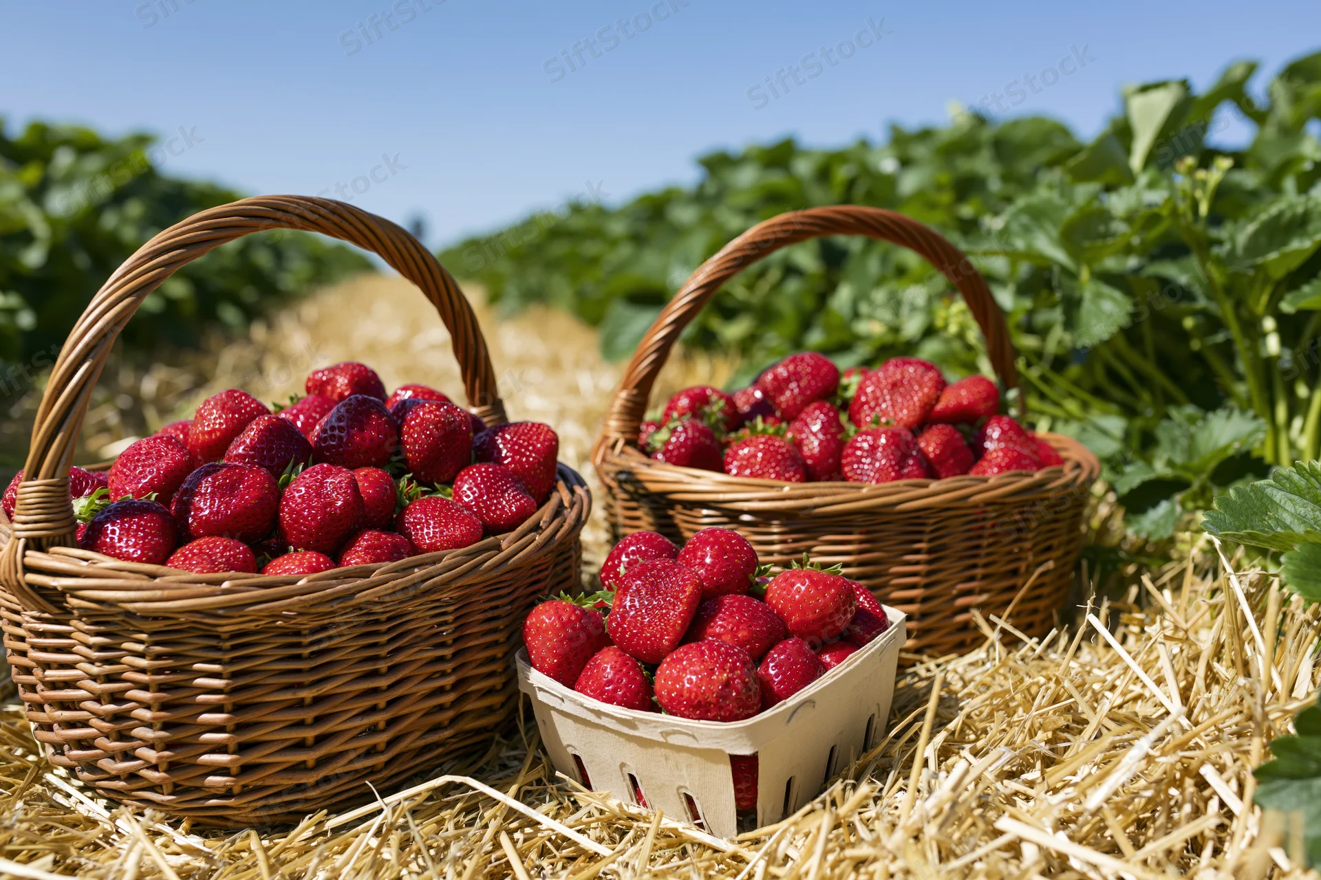 Two wicker baskets and a cardboard punnet filled with ripe strawberries resting on straw in a strawberry field