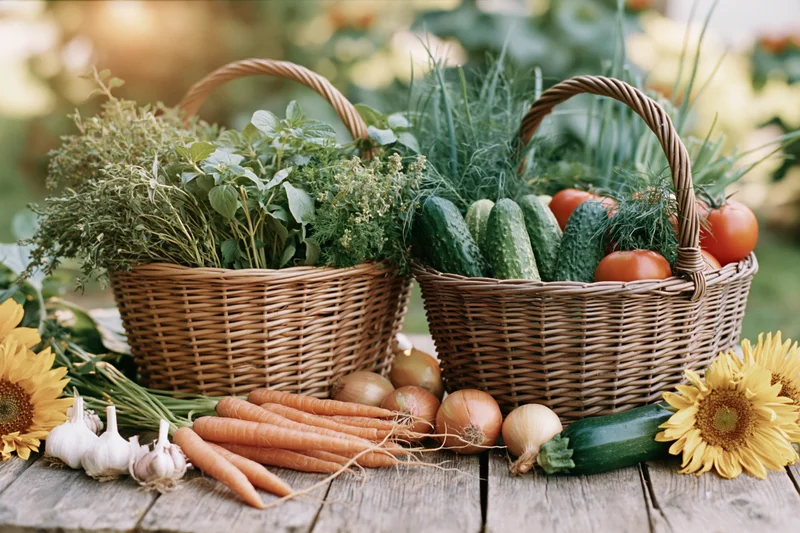 Two wicker baskets filled with fresh garden vegetables and herbs arranged on a wooden table outdoors