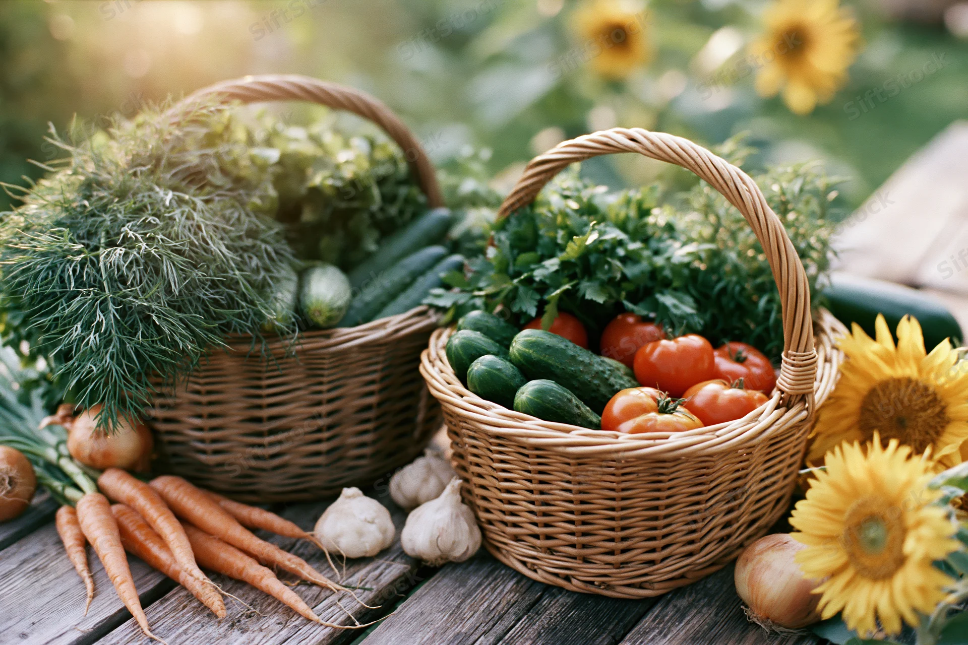 Two wicker baskets filled with fresh garden vegetables and herbs on a wooden table outdoors