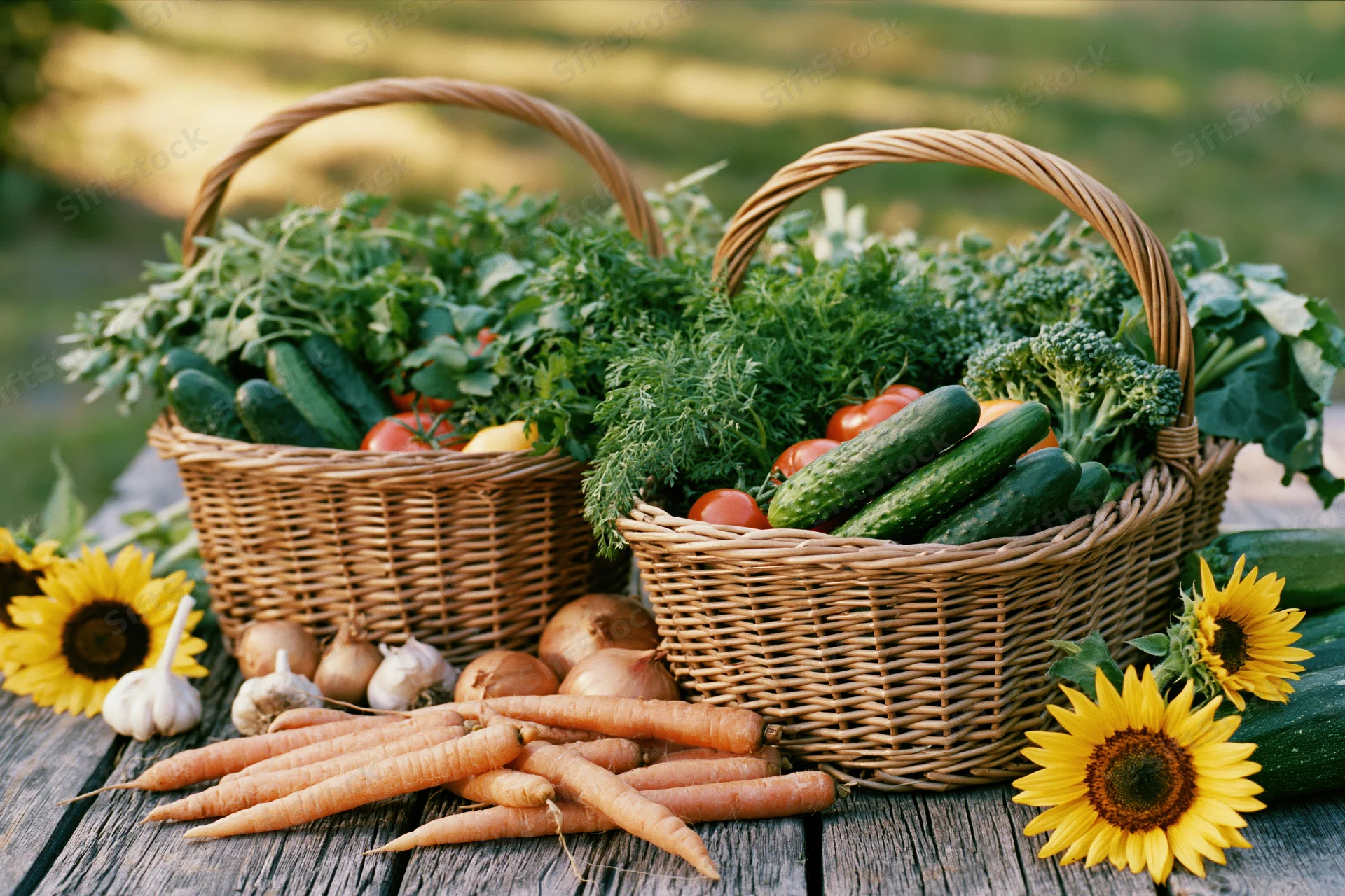Two wicker baskets filled with fresh garden vegetables and herbs on a wooden table outdoors