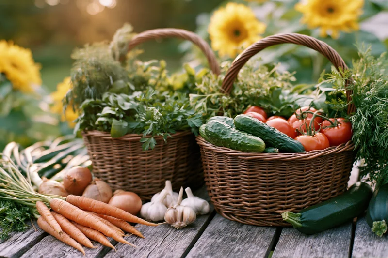 Two wicker baskets filled with fresh garden vegetables and herbs on a wooden table outdoors