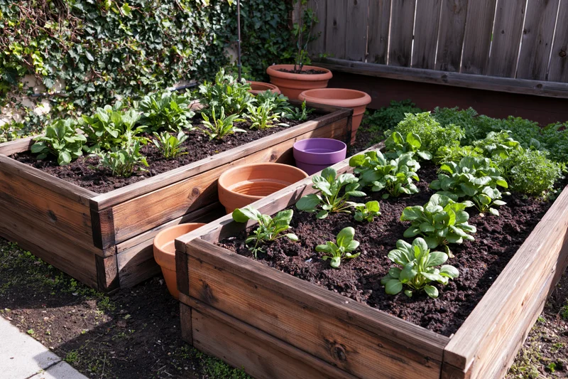 Two wooden raised garden beds filled with leafy vegetables and herbs in a backyard corner