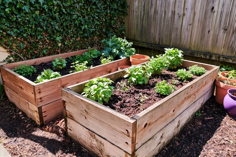Two wooden raised garden beds filled with soil and young plants in a backyard corner near a hedge and fence