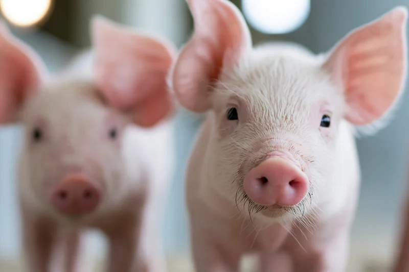 Two young piglets looking directly at camera inside a farm setting