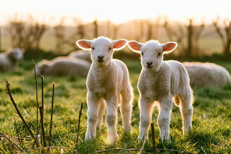 Two young white lambs standing side by side in a green pasture at sunrise