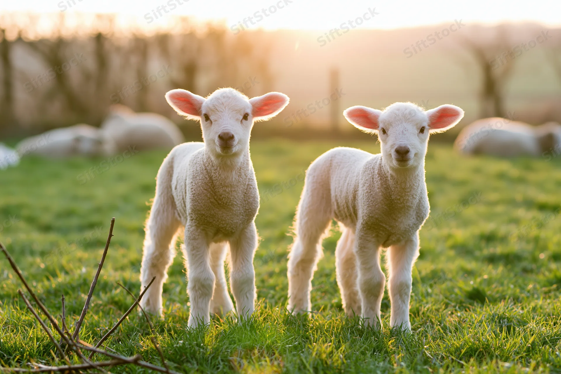 Two young white lambs standing side by side in a green pasture at sunrise