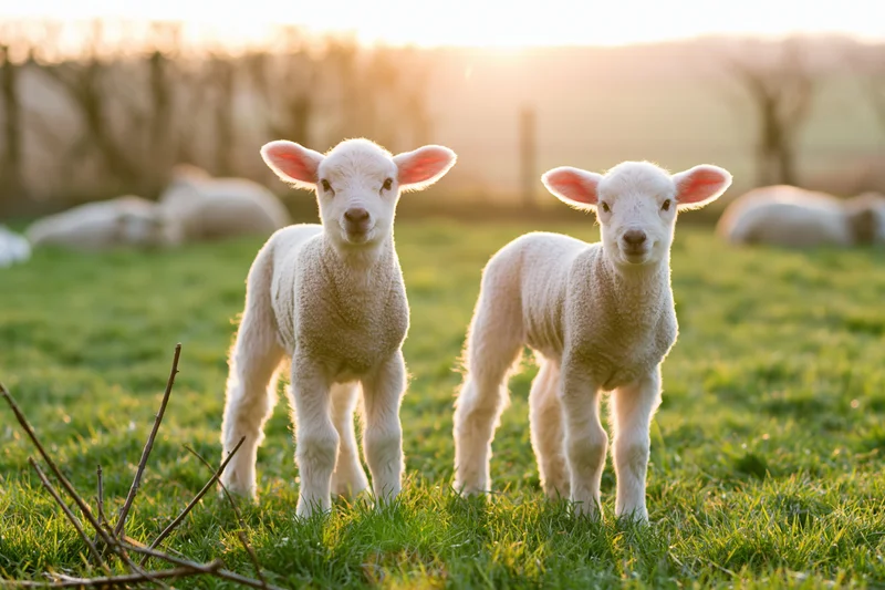 Two young white lambs standing side by side in a green pasture at sunrise