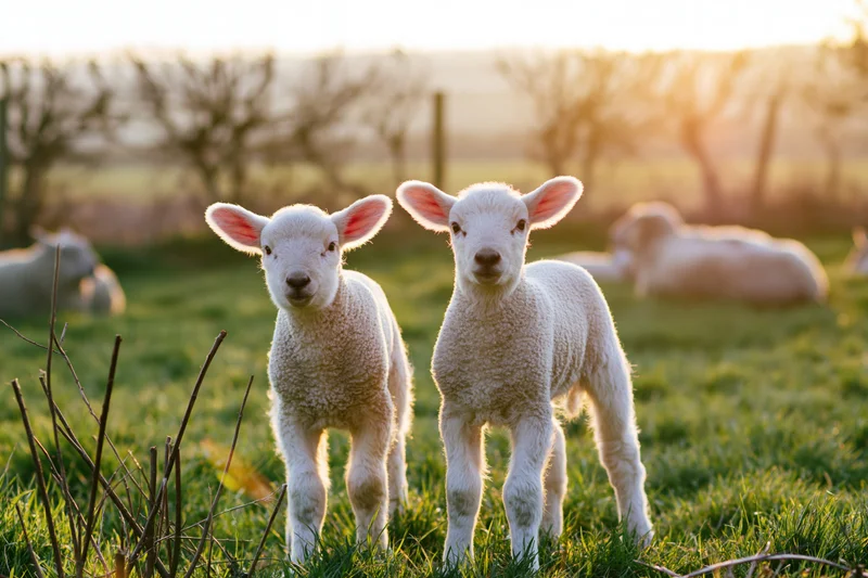 Two young white lambs standing side by side in a green pasture at sunrise