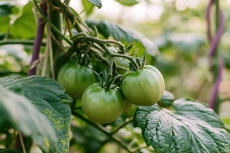 Unripe green tomatoes hanging on a vine in a garden with surrounding leaves and stems