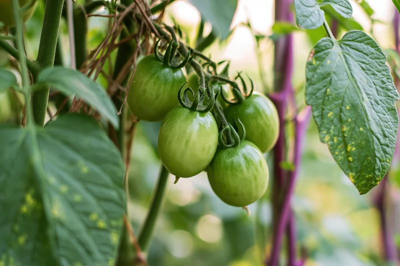 Unripe green tomatoes clustered on a vine with tangled stems and leaves in a garden setting