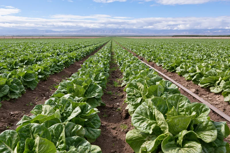 Converging rows of lettuce growing in a commercial field under a blue sky with distant mountains