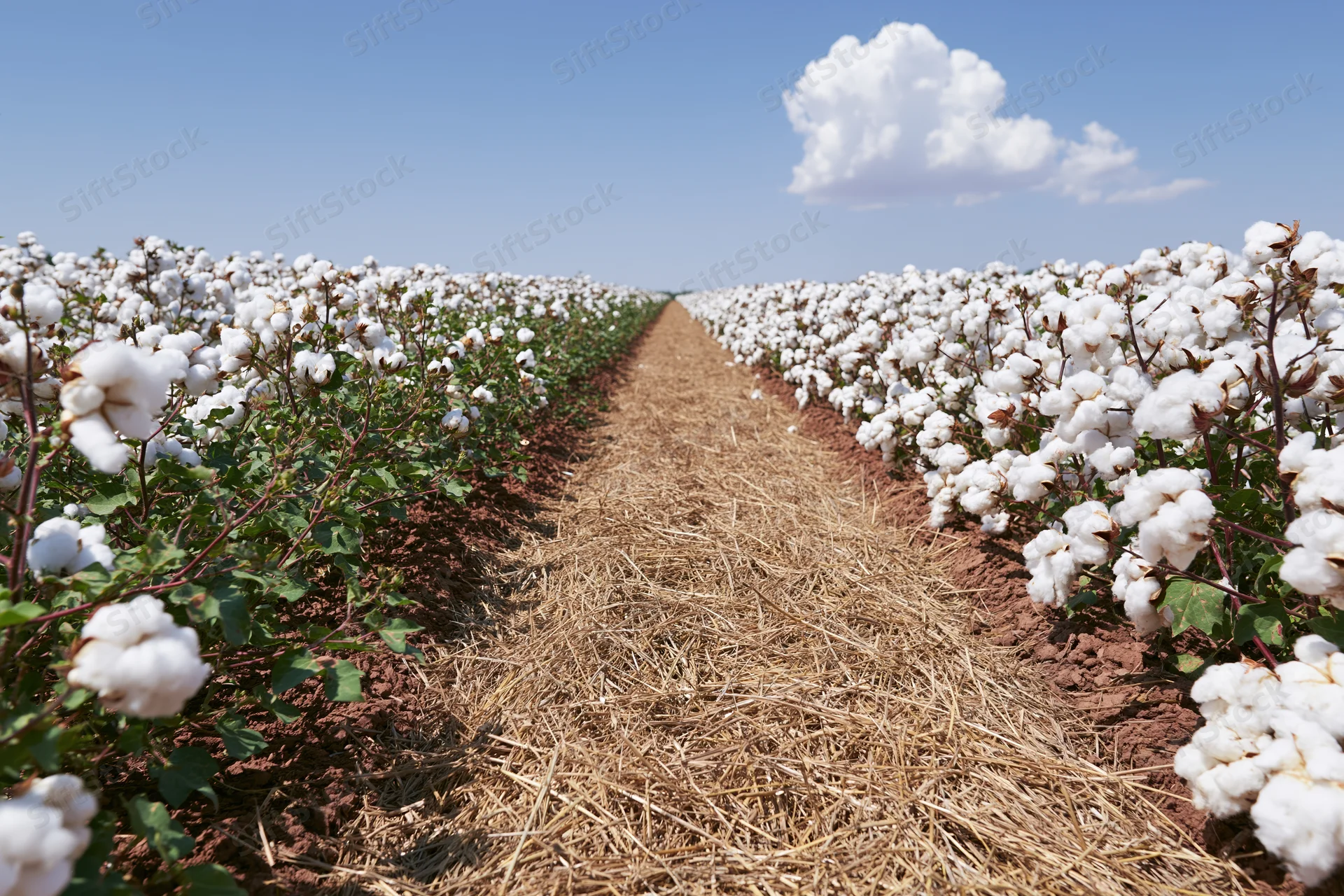 Rows of mature white cotton plants in a vast field at peak harvest under a blue sky with scattered clouds